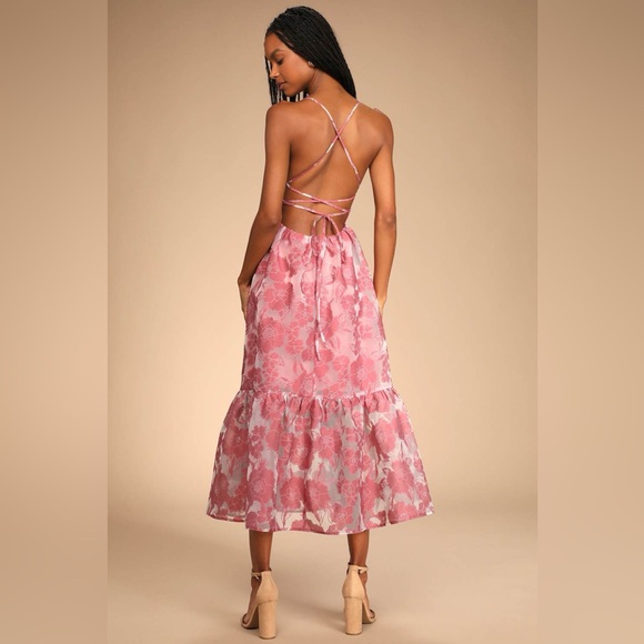 Lulus Feeling Like Forever Rose Jacquard Organza Lace-Up Midi Dress rose small - Picture 3 of 15